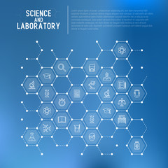 Science and laboratory concept in honeycombs with thin line icons of scientist, dna, microscope, scales, magnet, respirator, spirit lamp. Vector illustration for banner, web page, print media.