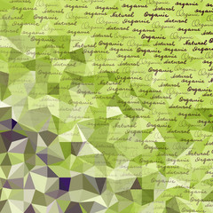 Pattern with the original lettering Organic and Natural on a green low poly background.