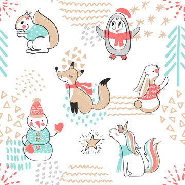 Seamless pattern with cute penguin,snowman, Fox,unicorn, squirrel and rabbit. Hand Drawn vector illustration. Background with cartoon animals.