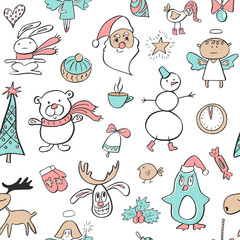 Seamless pattern with cute penguin,reindeer,bear, tree, angel, Santa, watch, candy ,Cup and rabbit. Hand Drawn vector illustration. Background with cartoon elements.