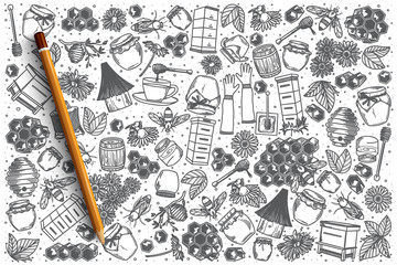 Hand drawn Honey vector doodle set background