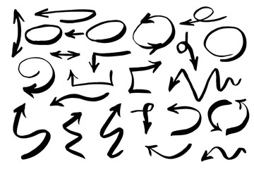 Handdrawn arrows vector set drawn by brush. Isolated vector illustration on white background.