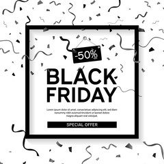 Black Friday Sale Poster with serpentine and confetti on White Background with Square Frame. Vector illustration