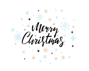 Merry Christmas text. Black typography on white vector background with snowflakes
