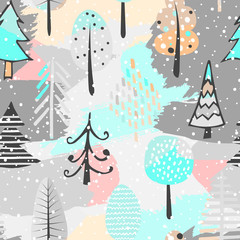 Cute seamless pattern with tree. Hand Drawn vector illustration. Background with abstract elements.