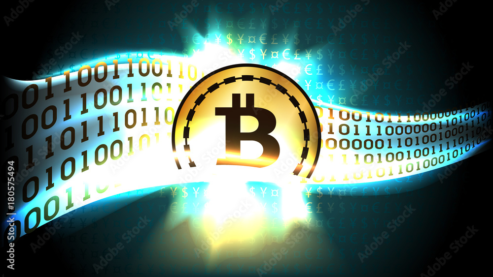 Aufkleber golden symbol of cryptocurrency bitcoin exchanges currency signs for binary code, well organized lay