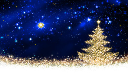 Fototapeta na wymiar Golden Christmas tree and star sky.