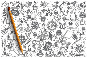 Hand drawn Yoga vector doodle set background