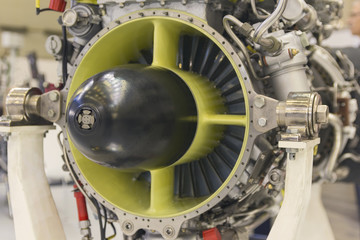 Aviation engine on the stand close up. Industry