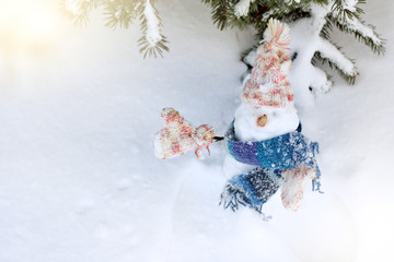 happy during the winter holidays/ cheerful snowman wearing a scarf, hat and mittens, standing under...