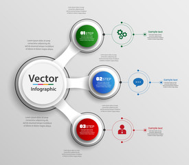 Three steps infographic with colorful circles. Can be used for workflow layout, diagram, business step options, banner, web design. Vector Eps 10