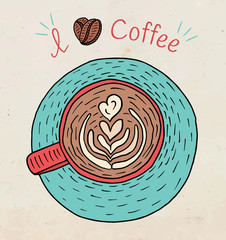 I love coffee. Beautiful illustration of cup of cappuccino coffee and beans