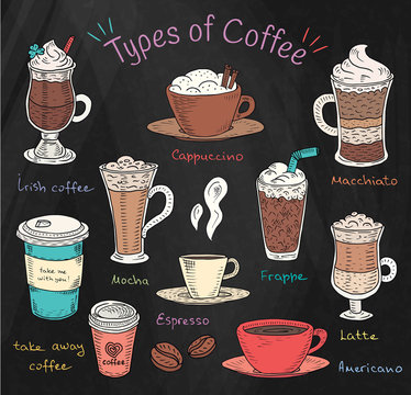 Beautiful illustration of types of coffee. Espresso, cappuccino, american, takeaway, latte, mocha, irish coffee, frappe, cold coffee