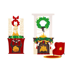 vector christmas holiday room, decorated with candles, spruce tree wreath, bow and stars fireplaces with christmas stockings, armchair with pillow near carpet. Isolated illustration white background.
