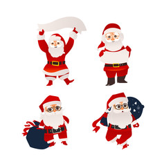 Set of Santa Claus characters holding banner, board, carrying bag of Christmas presents, flat cartoon vector illustration isolated on white background. Santa Claus holding banner, board, present bag