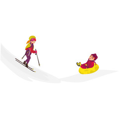 vector cartoon teens doing sports. Girl with pigtails having fun riding inflatable rubber tube sled, tubing in winter outdoor clothing, another woman skiing. Isolated illustration on white background