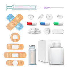 Medical Items Set Vector. Pills, Drugs, Ampoule, Syringe, Patch. Isolated Illustration
