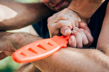 Self defense disarming technique against threat and knife attack