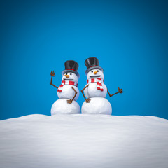 Merry pair of snowmen / 3D illustration of smiling snowmen with copy space