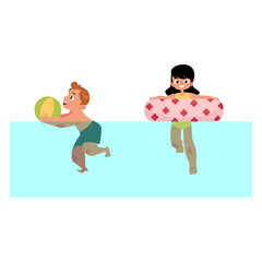 vector flat cartoon children at summer camp concept. Caucasian Boy with ball and girl having fun playing in swimming pool in inflatable rubber rings. Isolated illustration on a white background.