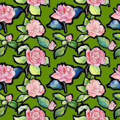 Wildflower camellia flower pattern in a watercolor style. Full name of the plant: camellia. Aquarelle wild flower for background, texture, wrapper pattern, frame or border.