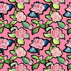 Wildflower camellia flower pattern in a watercolor style. Full name of the plant: camellia. Aquarelle wild flower for background, texture, wrapper pattern, frame or border.