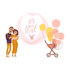 Its a girl greeting card design with parents holding newborn baby and pram decorated with balloons, flat style vector illustration isolated on white background. Newborn baby girl greeting card design