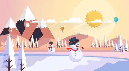 Flat Design of Snowy Landscape in Sunset with Christmas Tree and Snowman.