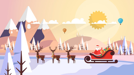 Flat Design of Snowy Landscape in Sunset, with Santa Claus on Sling