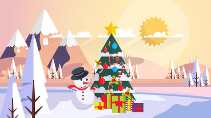 Fototapeta premium Flat Design of Snowy Landscape in Sunset with Christmas Tree and Snowman.