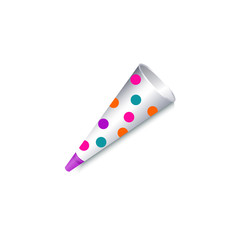 Realistic polka dotted paper party horn, birthday, Christmas decoration element, vector illustration isolated on white background. Realistic birthday, Christmas party horn with dot pattern