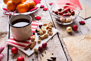 Christmas composition on a wooden background.