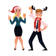 Man and woman having fun, drinking at corporate Christmas party, cartoon vector illustration isolated on white background. Man and woman celebrating Christmas, wearing Santa hats, drinking champagne