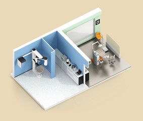 Isometric view of dental clinic interior with Con-Beam CT, CADCAM, dental chair and cabinet system. 3D rendering image.