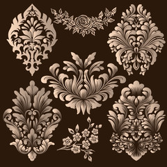 Vector set of damask ornamental elements. Elegant floral abstract elements for design. Perfect for invitations, cards etc