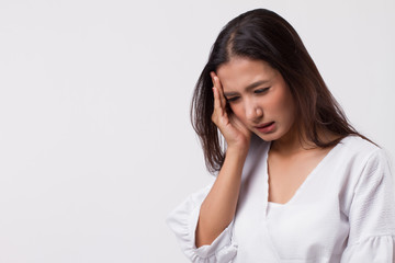 stressed woman with headache, vertigo, dizziness, migraine, hangover
