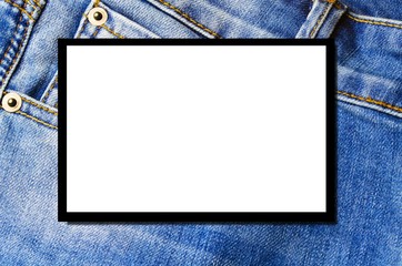 blank advertising billboard or wide screen television with front pocket vintage blue denim jeans pant fashion background, commercial and marketing concept, copy space for text or media content