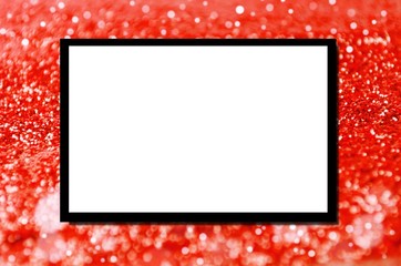 blank advertising billboard or wide screen television with red color glitter texture and bokeh light for christmas, new year festival abstract background, copy space for text or media content