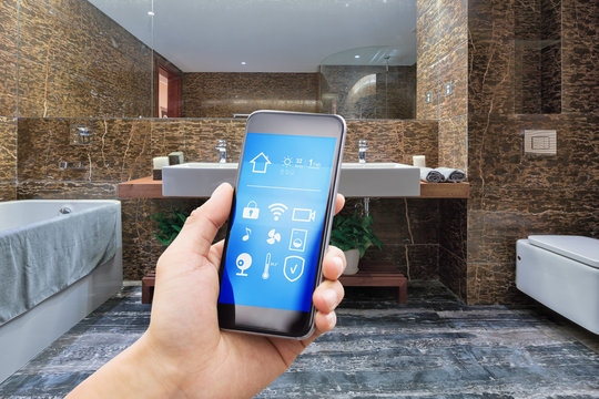 smart phone with smart home with modern bathroom
