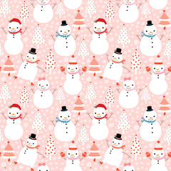 Cute vector winter seamless pattern with cartoon snowmen in flat style with hats and scarves on pink background with Christmas trees - 180581697