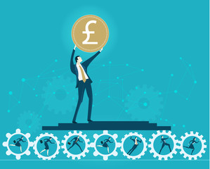 Businessmen, holding up the coin sign, staying on the platform which held by working people and gears