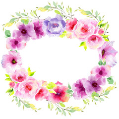 Obraz na płótnie Canvas Wildflower eustoma flower wreath in a watercolor style. Full name of the plant: eustoma, marigolds, tagetes. Aquarelle wild flower for background, texture, wrapper pattern, frame or border.