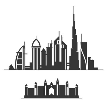 Dubai City Skyline Silhouette on White Background. Vector