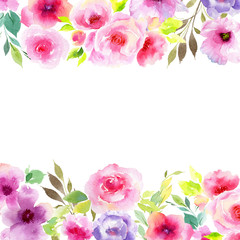 Fototapeta premium Wildflower eustoma flower frame in a watercolor style. Full name of the plant: eustoma, marigolds, tagetes. Aquarelle wild flower for background, texture, wrapper pattern, frame or border.