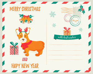 Holiday greeting card with cute corgi dog.