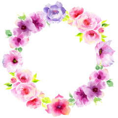 Wildflower eustoma flower wreath in a watercolor style. Full name of the plant: eustoma, marigolds, tagetes. Aquarelle wild flower for background, texture, wrapper pattern, frame or border.