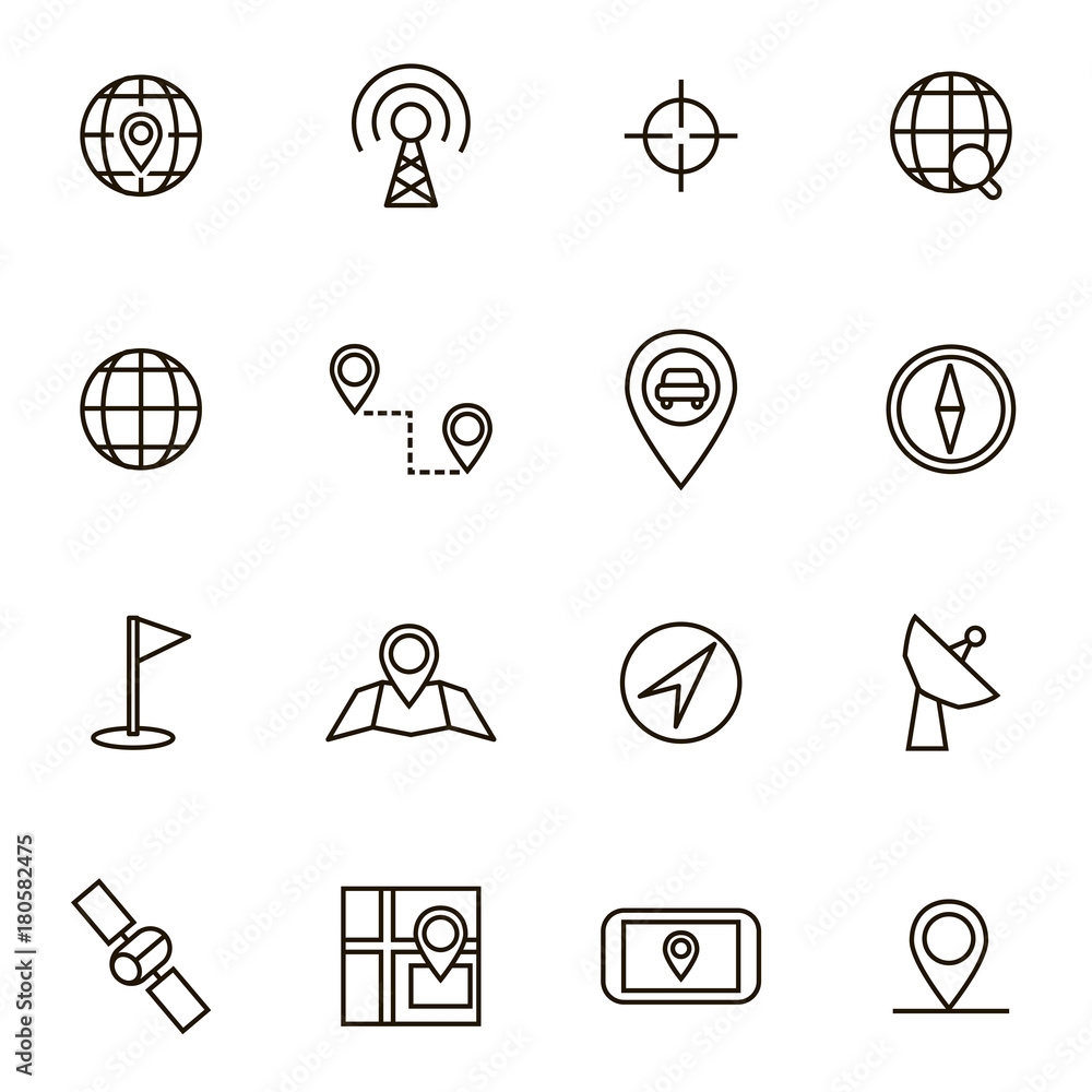 Poster geolocation navigation black thin line icon set. vector