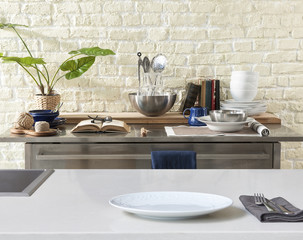 Fototapeta na wymiar elegant white kitchen with metalic island counter