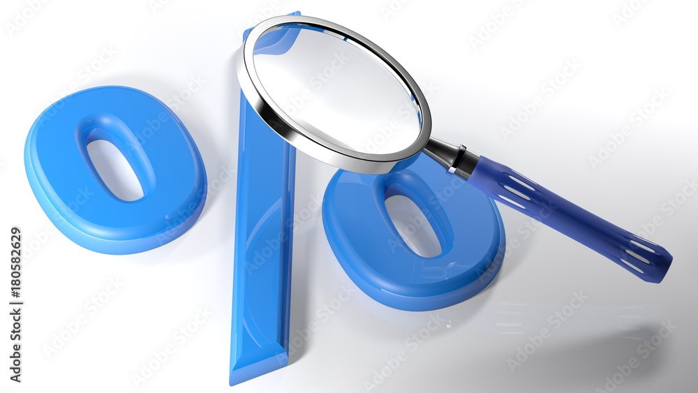 Poster a magnifier is passing over the symbol of percentage laying on a white surface - 3d rendering