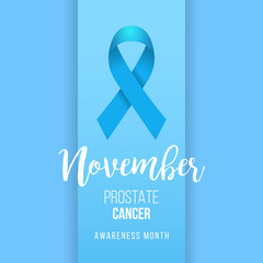 Prostate Cancer Blue Awareness Ribbon Background. Prostate cancer awareness symbol, isolated on blue background. Vector illustration